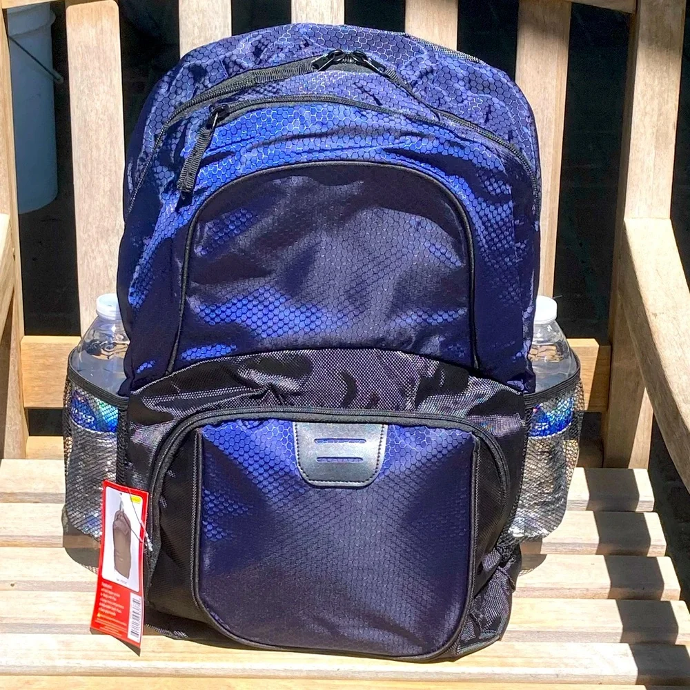 Reflective Blue Backpack Black Trim Side Pockets New